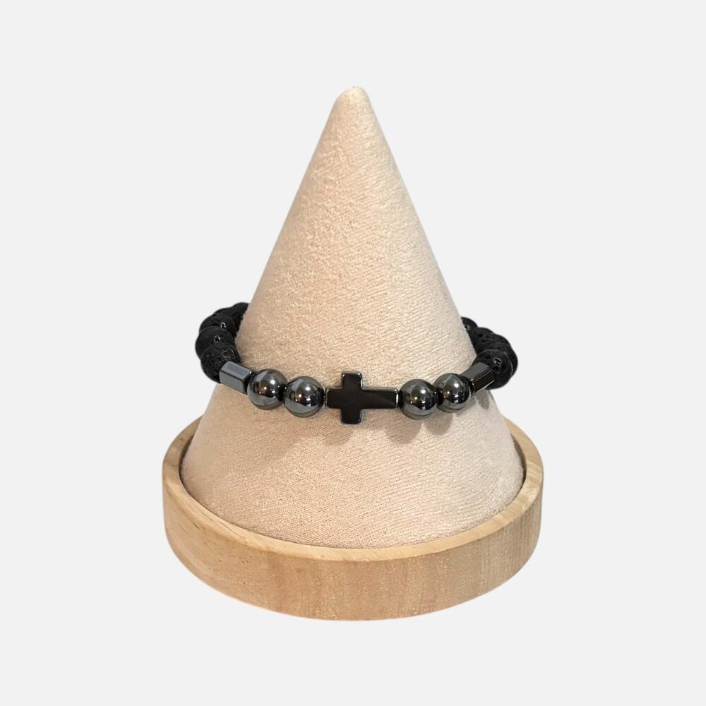 Men’s Black Lava Stone Cross Bracelet